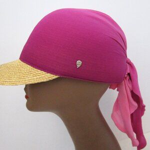 Natural Raffia Straw Visor Brim Cap Baseball Pink Silk Scarf